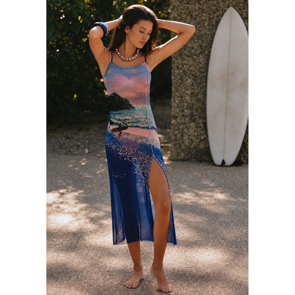 ANTHROPOLOGIE CELANDINE Women 2X New Printed Mesh Midi Dress Pullover Sheer Slit